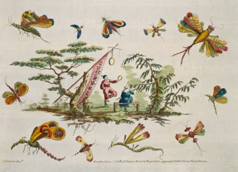 Ilustração que mostra borboletas e duas figuras centrais que vestem o fato japonês de para o divertimento das senhoras. Arte de Japanning. Pillement, Jean Baptiste (1728-1808)